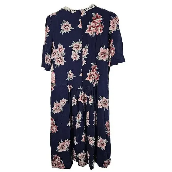 Vintage 90s Floral Dress Women Med Blue Lace Pleated Preppy Cottage Modest Retro - Picture 2 of 9